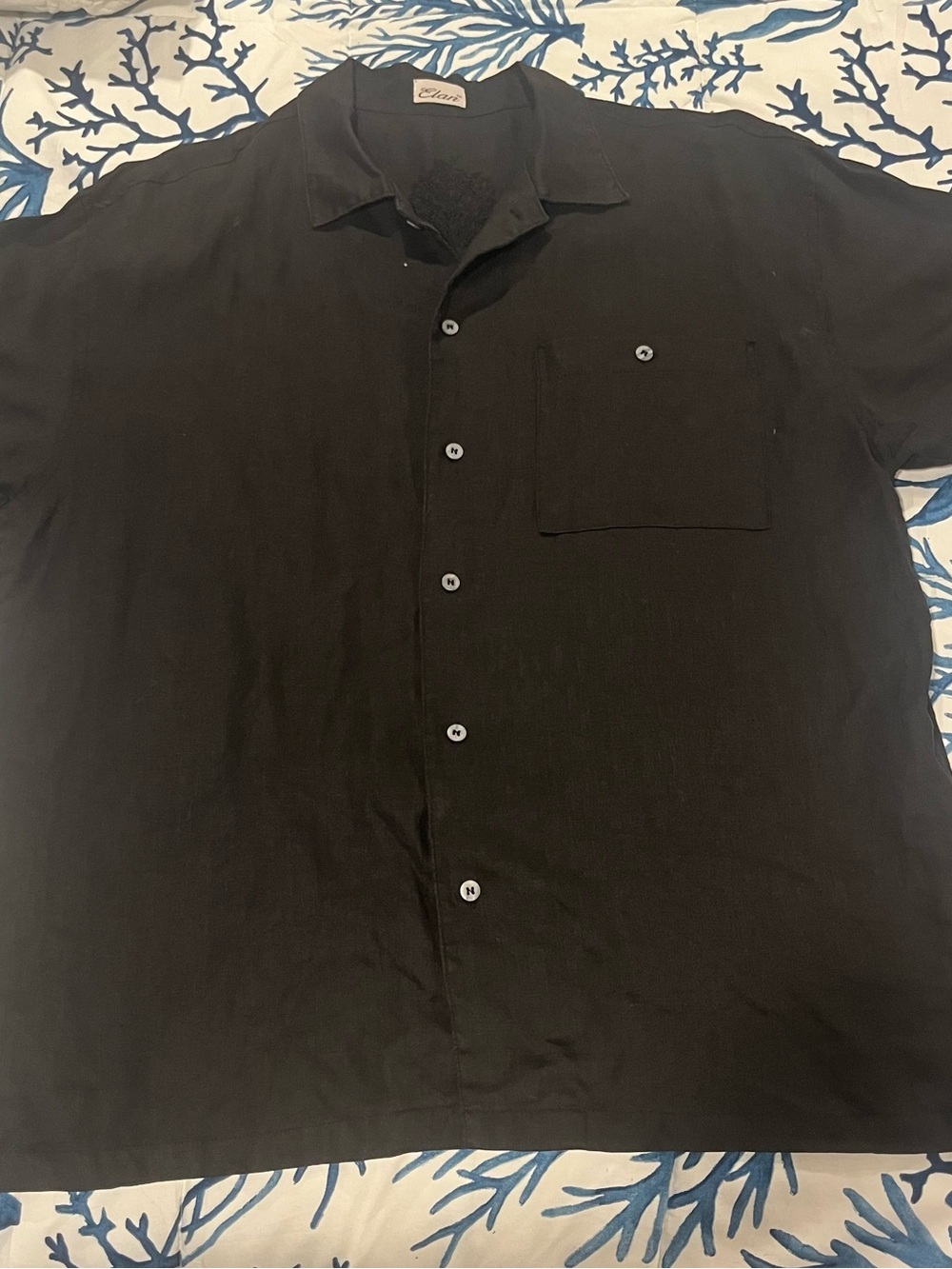 Elan black linen Short-Sleeve Casual Button-Down Shirt